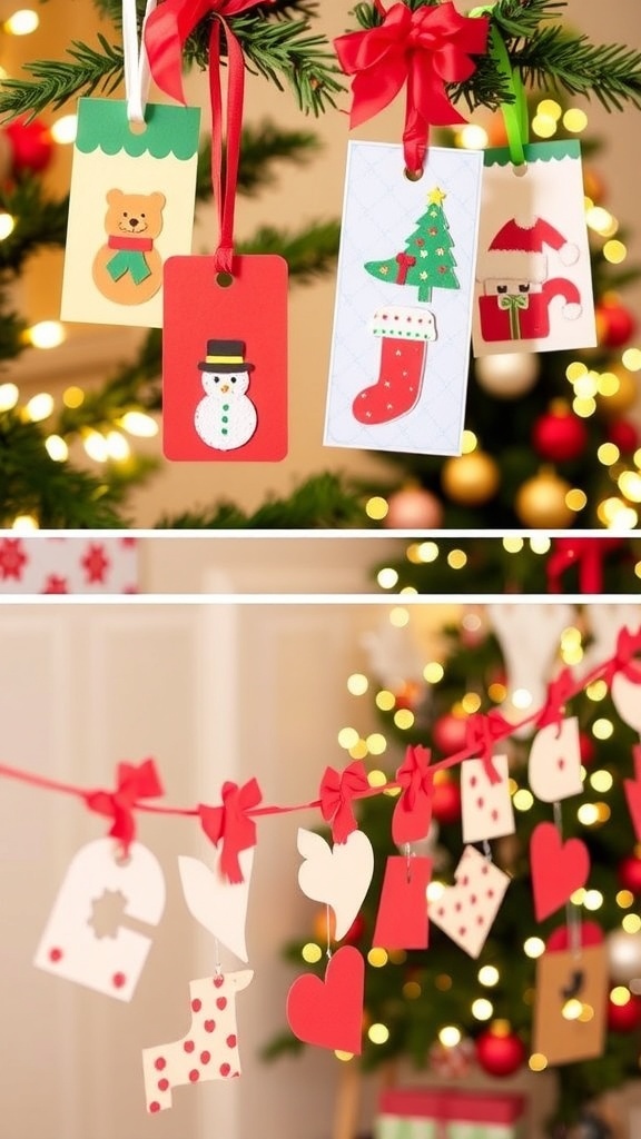 Creative Christmas Card Recycling Crafts Creative Christmas card crafts including gift tags, ornaments, and a garland in a festive holiday setting.